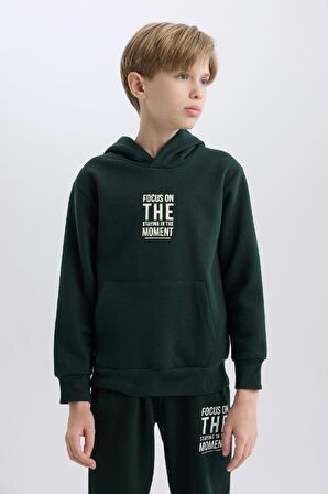 DeFacto Erkek Çocuk Cepli Yazı Baskılı Kapüşonlu Kalın Okul Sweatshirt C7567A824WNGN1214