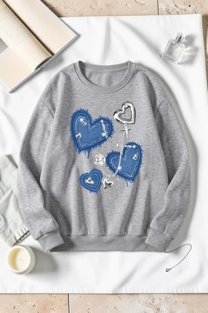 Unisex Denim Kalp Baskılı Bisiklet Yaka Sweatshirt