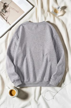 Unisex Denim Kalp Baskılı Bisiklet Yaka Sweatshirt