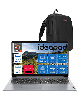 Lenovo Ideapad 1 15ALC7 Amd Ryzen 5 5500U 16GB 1tb SSD Amd Radeon Graphics Freedos 15.6" Fullhd Taşınabilir Bilgisayar Gri 82R400S7TXF13 + Zetta Çanta