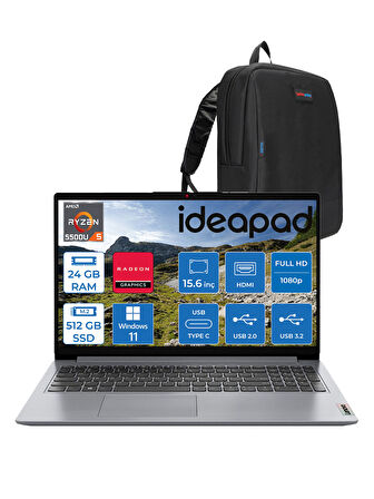 Lenovo Ideapad 1 15ALC7 Amd Ryzen 5 5500U 24GB 512GB SSD Amd Radeon Graphics Windows 11 Pro 15.6" Fullhd Taşınabilir Bilgisayar Gri 82R400S7TXP17 + Zetta Çanta