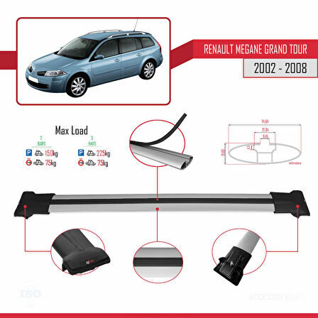 Renault Megane Grand Tour 2002-2008 Arası ile Uyumlu FLY Model Ara Atkı Tavan Barı Gri 2 Adet