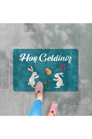 Dijital Baskılı kapı önü paspas Hoşgeldiniz Yazılı Çiçek Desen ve tavşan Iç ve Dış Kapı Yıkanabilir