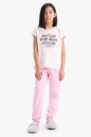 Kız Çocuk Pijama Takımı Baskılı Kısa Kollu Üst Beli Lastikli Uzun Alt