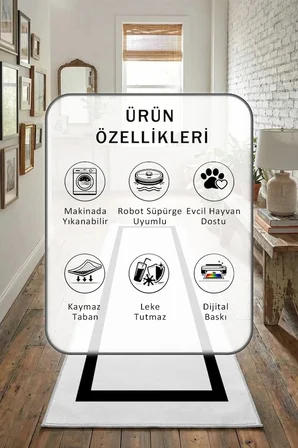Tek Çerçeve Beyaz Siyah Dijital Baskılı Kaymaz Yıkanabilir Yolluk - Leke Tutmaz Beyaz Siyah