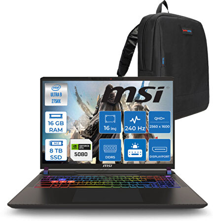 Msı Vector 16 Intel Core Ultra 9 275HX 16GB 4tb + 4tb SSD RTX5080 16GB Tdp 175W Gddr7 Freedos 16" Qhd+ 240Hz Taşınabilir Bilgisayar A2XWIG090XTRF05 + Zetta Çanta