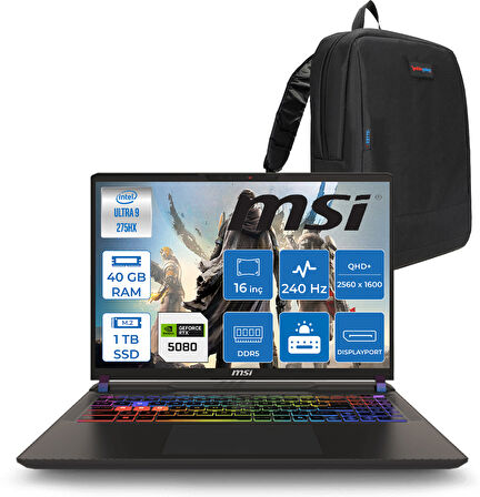Msı Vector 16 Intel Core Ultra 9 275HX 40GB 1tb SSD RTX5080 16GB Tdp 175W Gddr7 Freedos 16" Qhd+ 240Hz Taşınabilir Bilgisayar A2XWIG090XTRF17 + Zetta Çanta