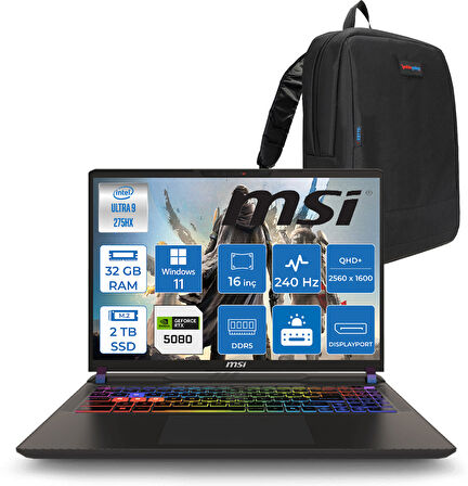 Msı Vector 16 Intel Core Ultra 9 275HX 32GB 2tb SSD RTX5080 16GB Tdp 175W Gddr7 Windows 11 Home 16" Qhd+ 240Hz Taşınabilir Bilgisayar A2XWIG090XTRH13 + Zetta Çanta