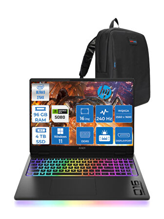 Hp Omen Max 16-WAH0022NT Intel Core Ultra 9 275HX 96GB Ddr5 4tb SSD 16GB Nvıdıa RTX5080 16 Inç 3ms 500NIT Wqxga 240Hz Windows 11 Pro Siyah OB88F2EAP23 + Zetta Çanta