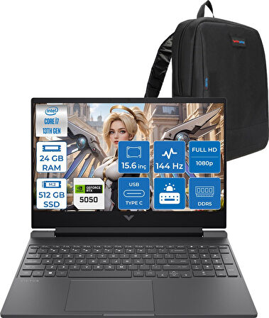 Hp Victus 15-WFA2036NT Intel Core I7 13620H 24GB 512GB SSD 8gb RTX5050 Freedos 15.6" Fullhd 144Hz 300NITS IPS Taşınabilir Bilgisayar C52QWEAF07 + Zetta Çanta