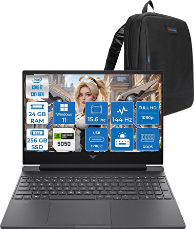 Hp Victus 15-WFA2036NT Intel Core I7 13620H 24GB 256GB SSD 8gb RTX5050 Windows 11 Home 15.6" Fullhd 144Hz 300NITS IPS Taşınabilir Bilgisayar C52QWEAH06 + Zetta Çanta