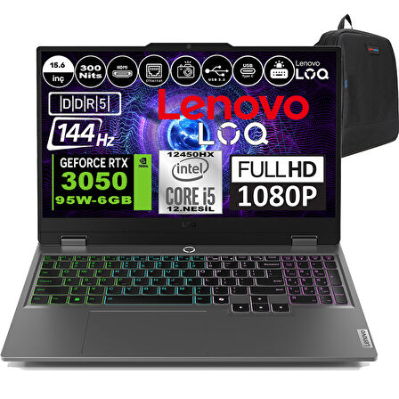 Lenovo Loq 15IAX9 Intel Core I5 12450HX 80GB Ddr5 2tb SSD RTX3050 6gb 95W 15.6" 144HZ 300NITS IPS Windows 11 Pro Taşınabilir Bilgisayar 83GS0099TRP27 + Zetta Çanta