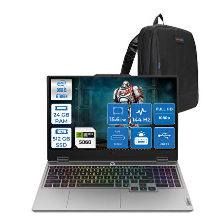 Lenovo Loq 15IRX10 Intel Core I5 13450HX 24GB Ddr5 512GB SSD RTX5060 8gb 100W Freedos 15.6" Fhd (1920X1080) IPS 300NITS 144Hz 100% Srgb Taşınabilir Bilgisayar 83JE00ENTRF07 + Zetta Çanta