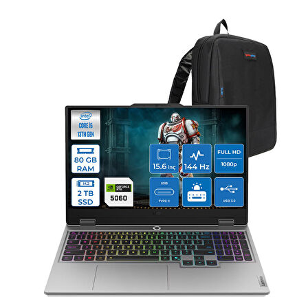Lenovo Loq 15IRX10 Intel Core I5 13450HX 80GB Ddr5 2tb SSD RTX5060 8gb 100W Freedos 15.6" Fhd (1920X1080) IPS 300NITS 144Hz 100% Srgb Taşınabilir Bilgisayar 83JE00ENTRF39 + Zetta Çanta