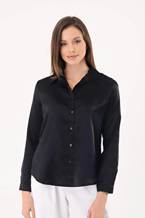 Kadın Hafif Dökümlü Siyah Saten Gömlek