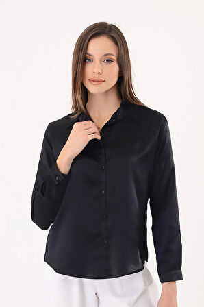 Kadın Hafif Dökümlü Siyah Saten Gömlek