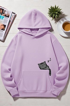 Unisex Uyuyan Kedi Baskılı kapüşonlu Sweatshirt