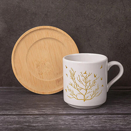 Kişiye Özel Kahverengi Ağaç Ve Kuş Desenli Ahşap Altlıklı Tekli Kahve Fincanı