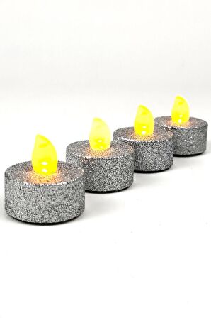 Pilli Tealight Mum 4 Adetli Simli Parlak Gövde Titreyen Alevli Mum Piller Dahil 80 Saat-Gümüş renk