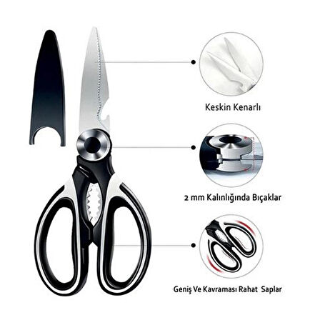 Pratik Çok Amaçlı Ultra Keskin Paslanmaz Çelik Mutfak Makası 20 cm