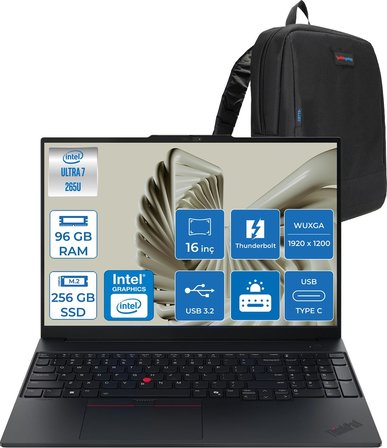 Lenovo Thinkpad E16 Gen 3 Intel Core Ultra 7 265U 96GB Ddr5 256GB SSD Freedos Intel Aı Boost 16 Inç Wuxga (1920 x 1200) IPS 300NITS Taşınabilir Bilgisayar 21SR0076TXF36 + Zetta Çanta