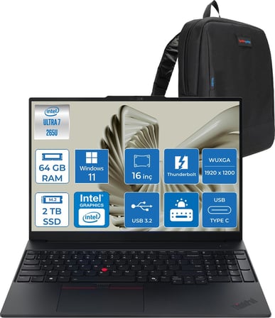 Lenovo Thinkpad E16 Gen 3 Intel Core Ultra 7 265U 64GB Ddr5 2tb SSD Windows 11 Home Intel Aı Boost 16 Inç Wuxga (1920 x 1200) IPS 300NITS Taşınabilir Bilgisayar 21SR0076TXH29 + Zetta Çanta