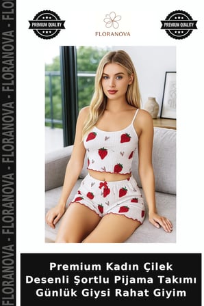 Premium Kadın Çilek Desenli Şortlu Pijama Takımı Günlük Giysi Rahat Giyim