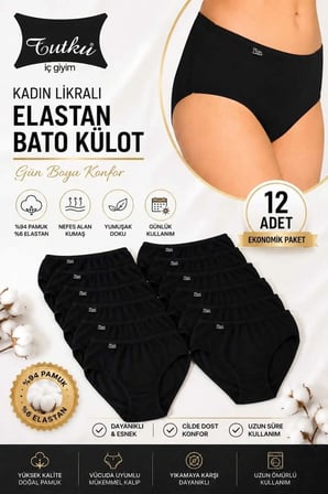Kadın Siyah 12'li Paket Pamuklu Likralı Elastan Bato Külot - Ekonomik Paket
