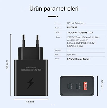 Type C & Type A Hizli Sarj Aleti Uclu 2xType C- Usb (65W - 25W - 15W)ADAPTÖR