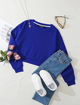 Kadın Basic Crop İçi Polarlı Oversize Sweatshirt - SAKS MAVİSİ