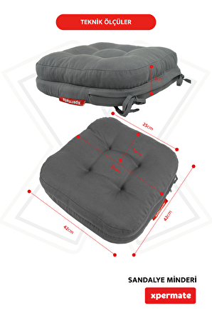 XPERMATE 4'lü Çift Kat Sandalye Minderi Fermuarlı Yıkanabilir Kılıf Bağcıklı Su ve Yağ İtici 42x42x8 Antrasit