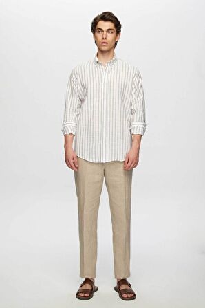 Slim Fit Vizon Çizgili Düğmeli Yaka %100 Pamuk Flamlı Yazlık Keten Görünümlü Gömlek 0HC02ORT06265