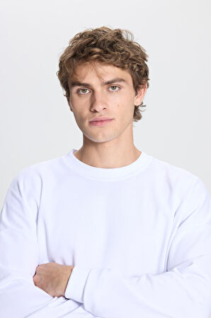 Erkek Beyaz Oversize Bol Kesim 3 Iplik Bisiklet Yaka Pamuklu Sweatshirt