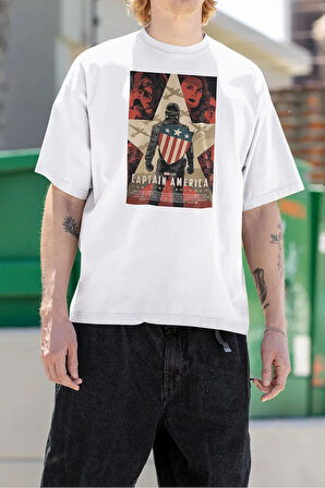 Captain America Film Afişi Baskılı Unisex Oversize Marvel Tişört