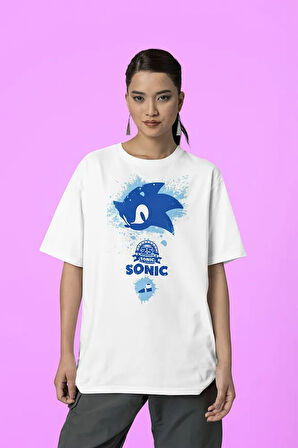 Çizgi Film Sonic Baskılı Unisex Tişört, Oversize Tişört