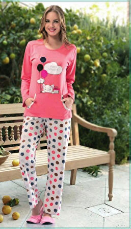 DİKA Kışlık Pijama Pamuklu Takımı Nar Çiçeği