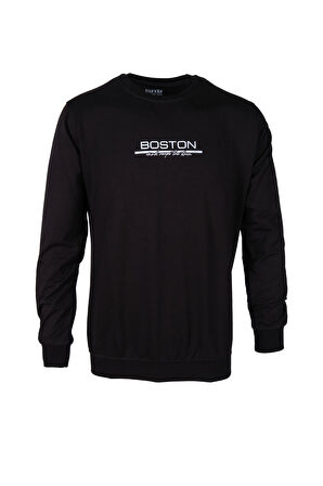 İp O Yaka Boston Baskı Erkek Sweat 2 SİYAH