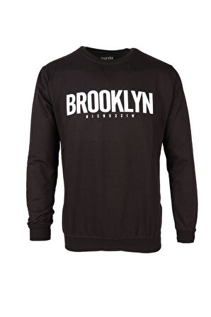 İp O Yaka Brooklyn Baskı Erkek Sweat 2 SİYAH