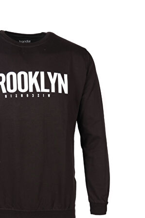 İp O Yaka Brooklyn Baskı Erkek Sweat 2 SİYAH