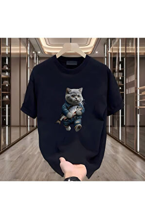 Balık Kedi Baskılı Siyah Erkek Tshirt