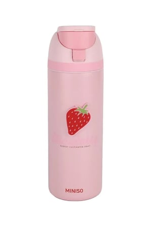  Miniso Lisanslı Çilek Serisi Paslanmaz Çelik Şişe 720 mL – Açılır Kapaklı Pembe