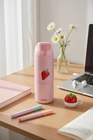  Miniso Lisanslı Çilek Serisi Paslanmaz Çelik Şişe 720 mL – Açılır Kapaklı Pembe