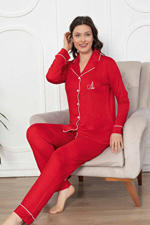 Kadın Kırmızı Bambu Kumaş Mevsimlik Boydan Önden Düğmeli Gömlek Yaka Uzun Kol Pijama Takımı 