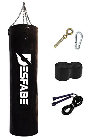 Desfabe Boxing Star 120x32 Cm Zincirli Boks Kum Torbası Siyah+Askı Aparatı+El Bandajı+Atlama İpi