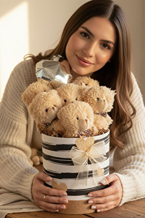 Premium Silindir Hediye Kutusunda, Kalpli Balonlu 6’lı Taba Ayıcık Buketi, Öğretmenler günü Hediyesi - Sınıf Öğretmenine Hediye