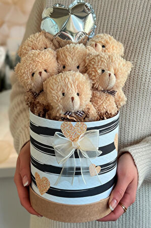 Premium Silindir Hediye Kutusunda, Kalpli Balonlu 6’lı Taba Ayıcık Buketi, Öğretmenler günü Hediyesi - Sınıf Öğretmenine Hediye