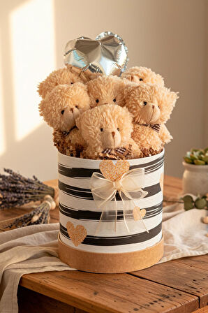 Premium Silindir Hediye Kutusunda, Kalpli Balonlu 6’lı Taba Ayıcık Buketi, Öğretmenler günü Hediyesi - Sınıf Öğretmenine Hediye