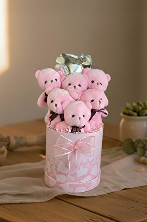 Premium Silindir Pembe Kalpli Kutusunda, Kalpli Balonlu 6’lı Pembe Ayıcık Buketi