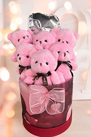 Premium Silindir Kalpli Kırmızı Özel Kutusunda, Kalpli Balonlu 6’lı Pembe Ayıcık Buketi