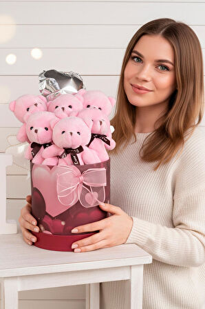 Premium Silindir Kalpli Kırmızı Özel Kutusunda, Kalpli Balonlu 6’lı Pembe Ayıcık Buketi